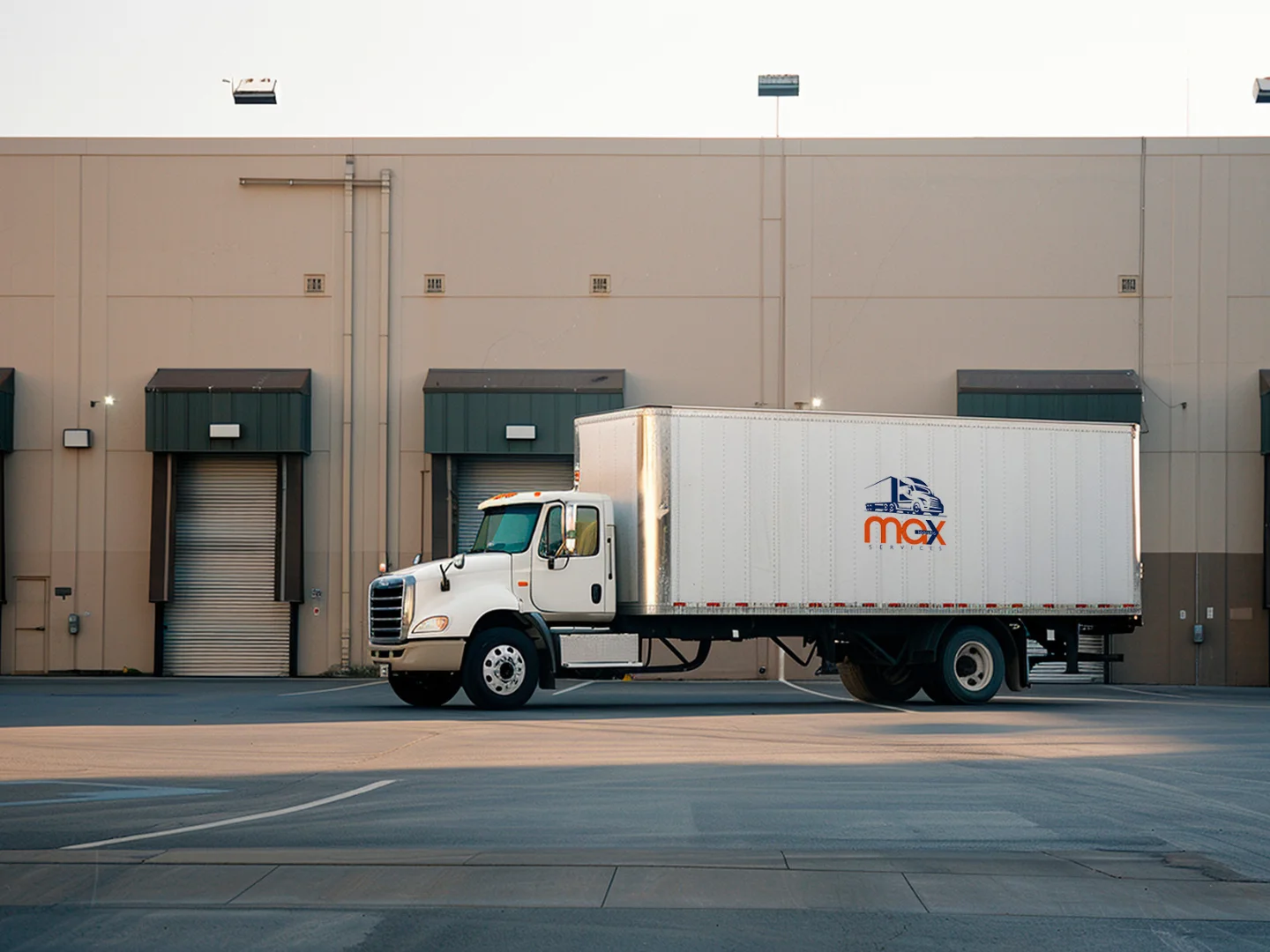 Fletes internacionales — camión Max Logistic en bodega
